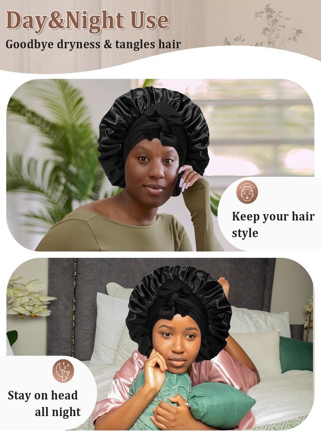 CHLINS Reversible Satin Silk Bonnet - Double Layer Hair Wrap with 2PCS Scrunchies Elastic Tie Band Night Cap for Natural Curly Hair (Black+Red) - Image 5